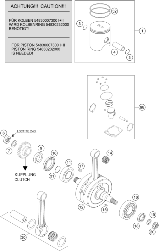 250 SX Krank Mili, Piston parts diagram