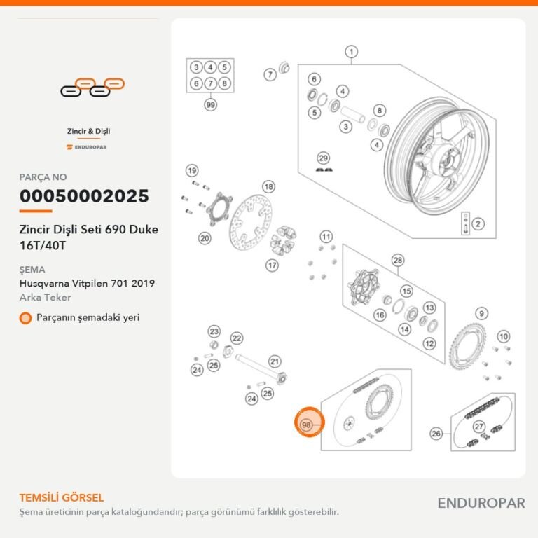 Zincir Dişli Seti 690 Duke 16T/40T 00050002025 parça şeması