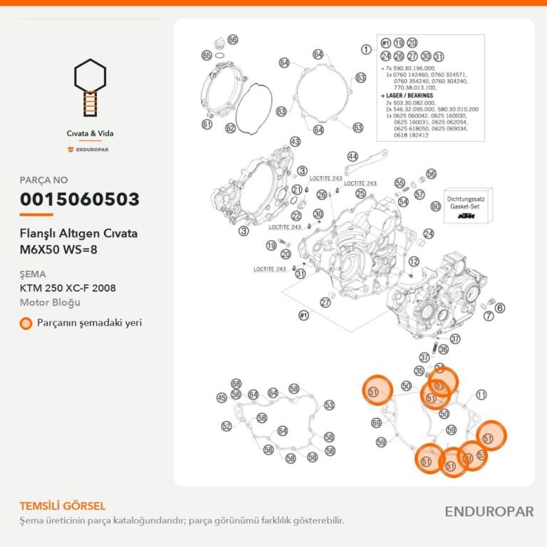 Flanşlı Altıgen Cıvata M6X50 WS=8 0015060503 parça şeması