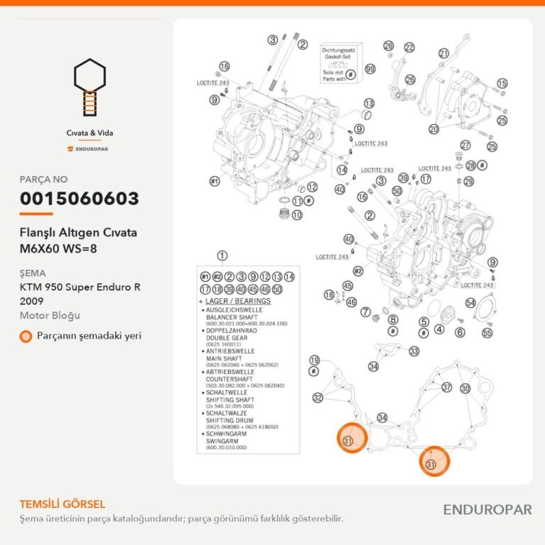 Flanşlı Altıgen Cıvata M6X60 WS=8 0015060603 parça şeması