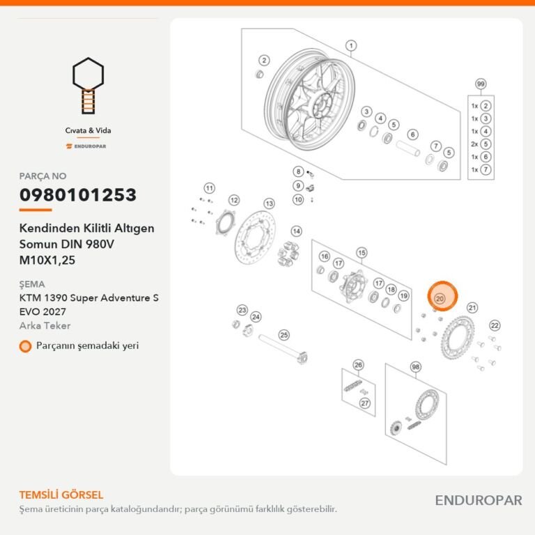 Kendinden Kilitli Altıgen Somun DIN 980V M10X1,25 0980101253 parça şeması