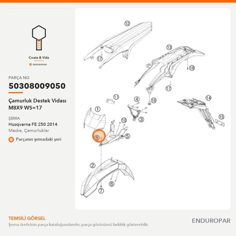 Çamurluk Destek Vidası M8X9 WS=17 50308009050 parça şeması