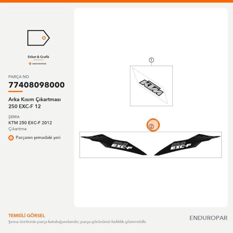 Arka Kısım Çıkartması 250 EXC-F 12 77408098000 parça şeması
