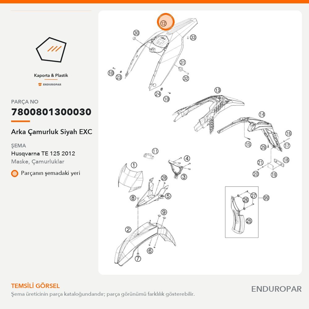 Arka Çamurluk Siyah EXC 7800801300030 parça şeması