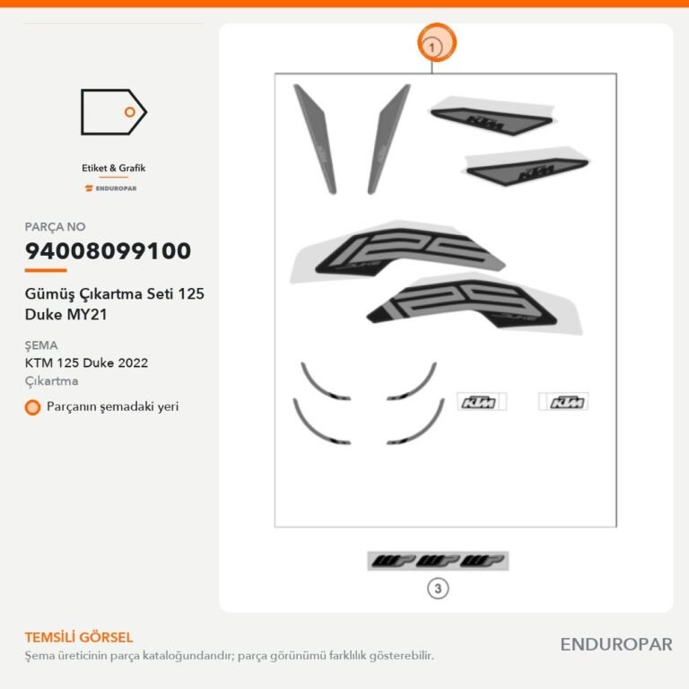 Gümüş Çıkartma Seti 125 Duke MY21 94008099100 parça şeması