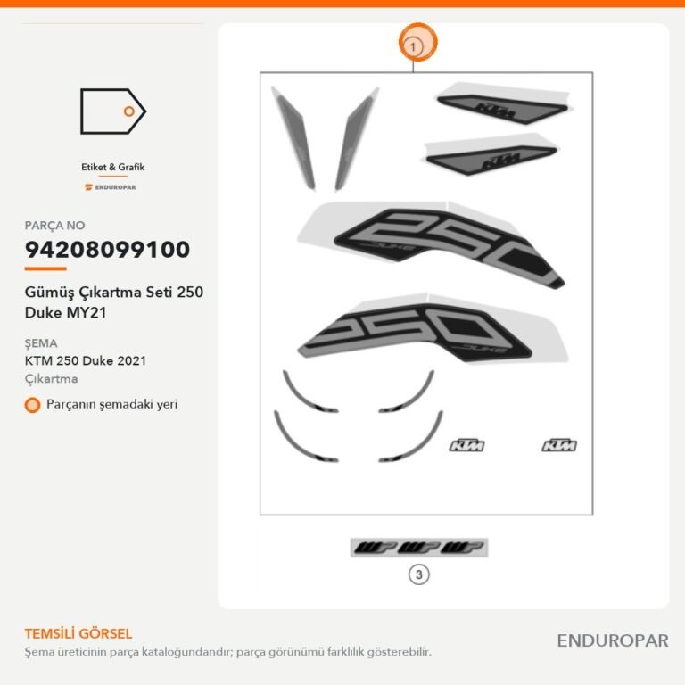 Gümüş Çıkartma Seti 250 Duke MY21 94208099100 parça şeması