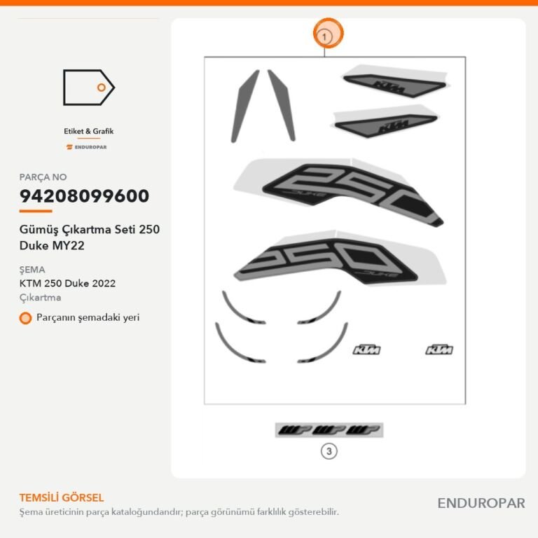 Gümüş Çıkartma Seti 250 Duke MY22 94208099600 parça şeması