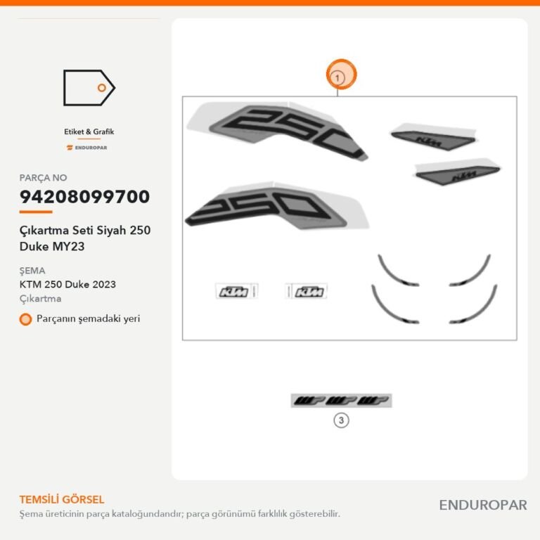Çıkartma Seti Siyah 250 Duke MY23 94208099700 parça şeması