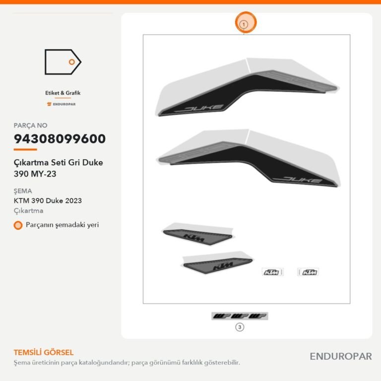 Çıkartma Seti Gri Duke 390 MY-23 94308099600 parça şeması