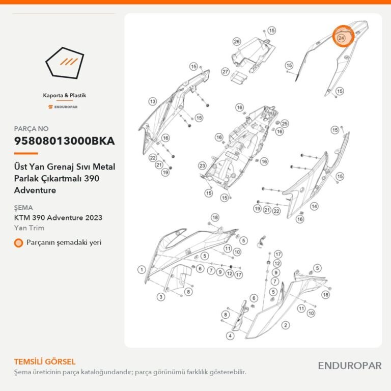 Üst Yan Grenaj Sıvı Metal Parlak Çıkartmalı 390 Adventure 95808013000BKA parça şeması
