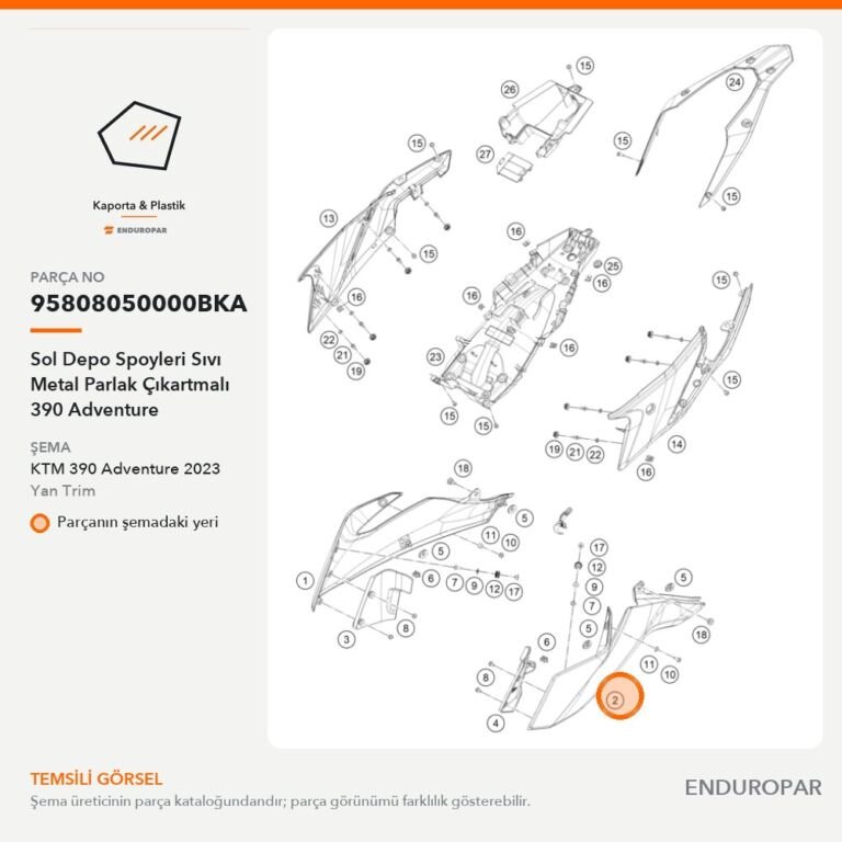 Sol Depo Spoyleri Sıvı Metal Parlak Çıkartmalı 390 Adventure 95808050000BKA parça şeması