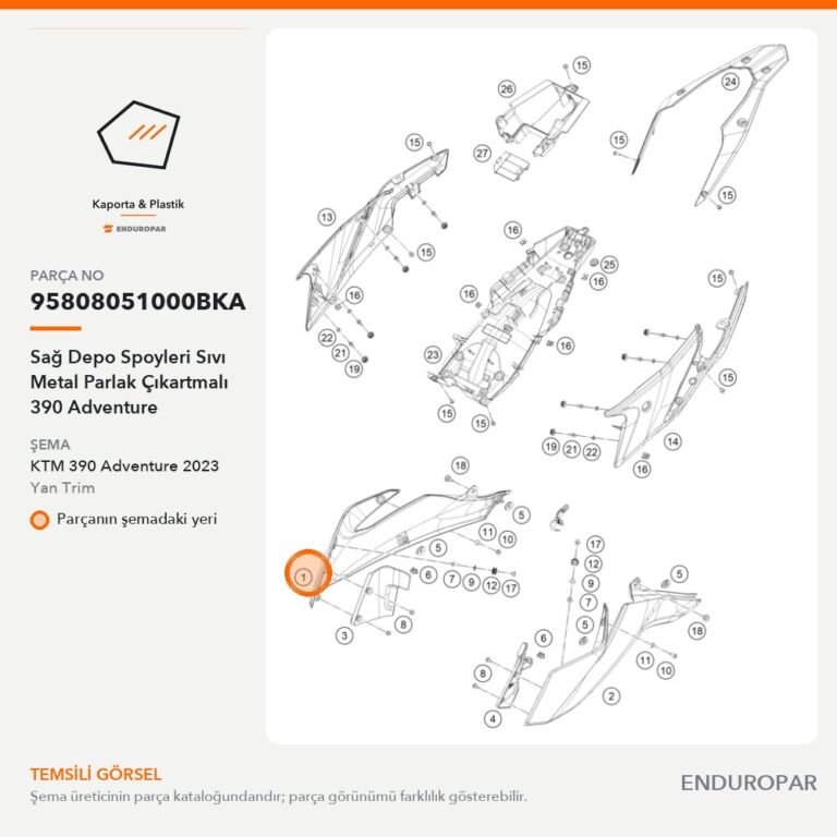Sağ Depo Spoyleri Sıvı Metal Parlak Çıkartmalı 390 Adventure 95808051000BKA parça şeması