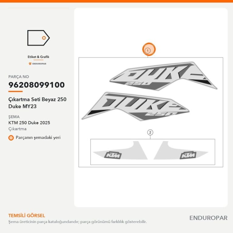 Çıkartma Seti Beyaz 250 Duke MY23 96208099100 parça şeması