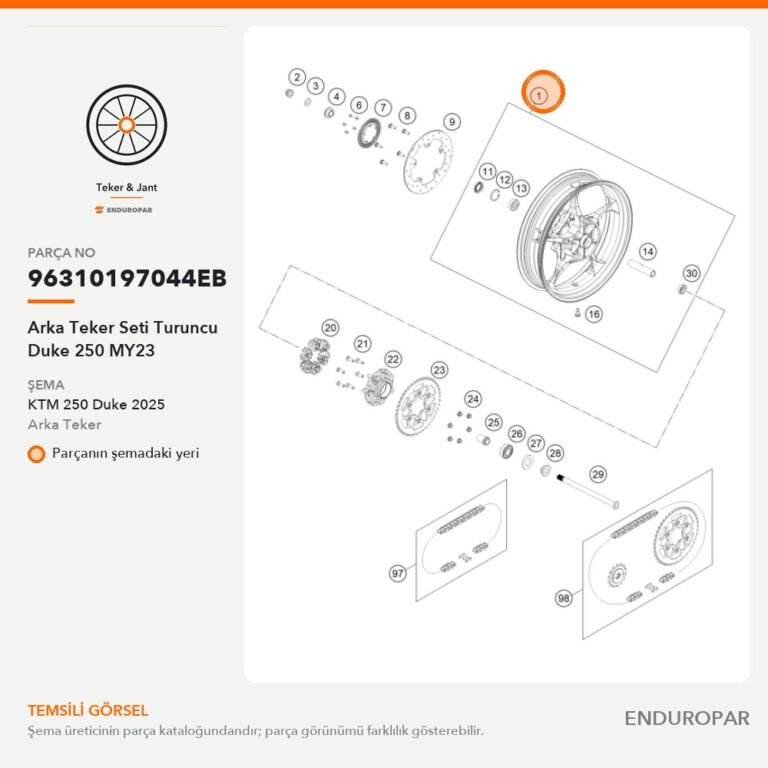 Arka Teker Seti Turuncu Duke 250 MY23 96310197044EB parça şeması